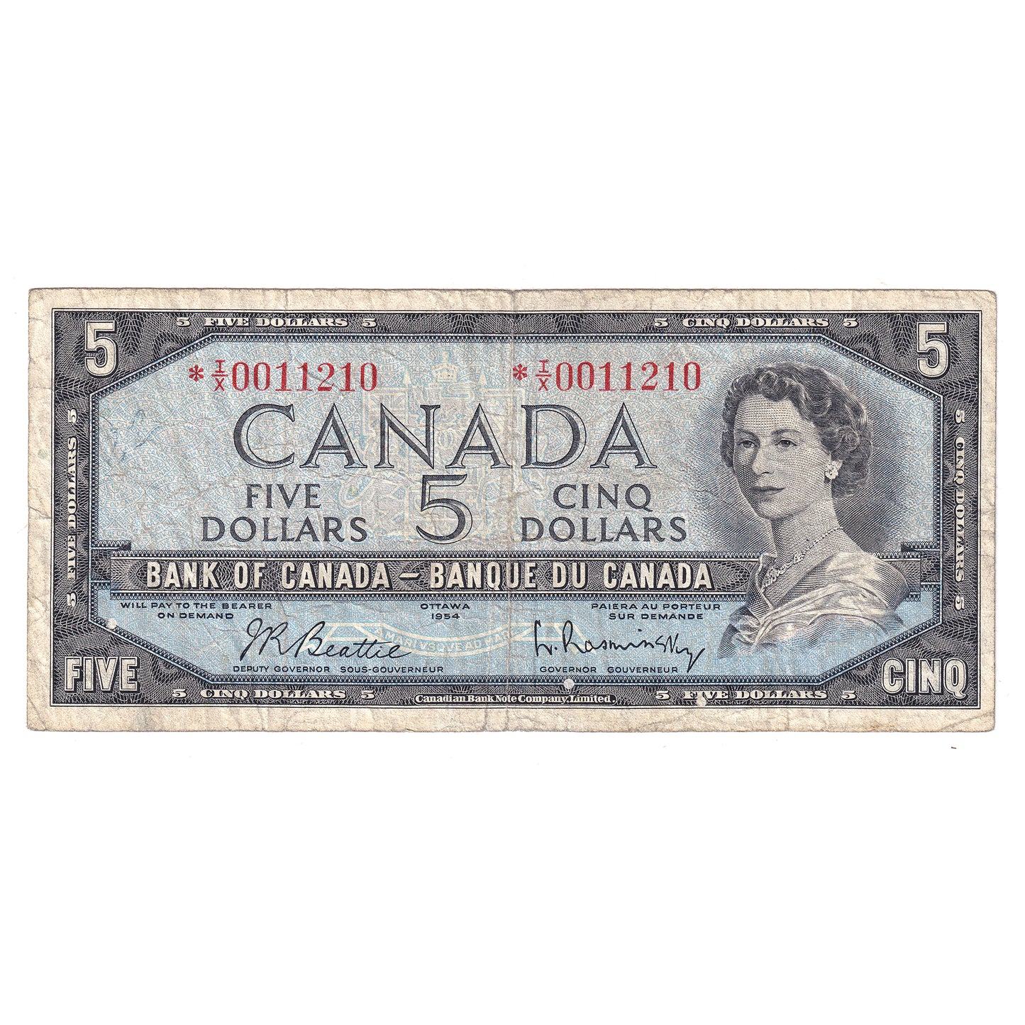BC-39bA 1954 Canada $5 Beattie-Rasminsky, *I/X, VG-F (writing)