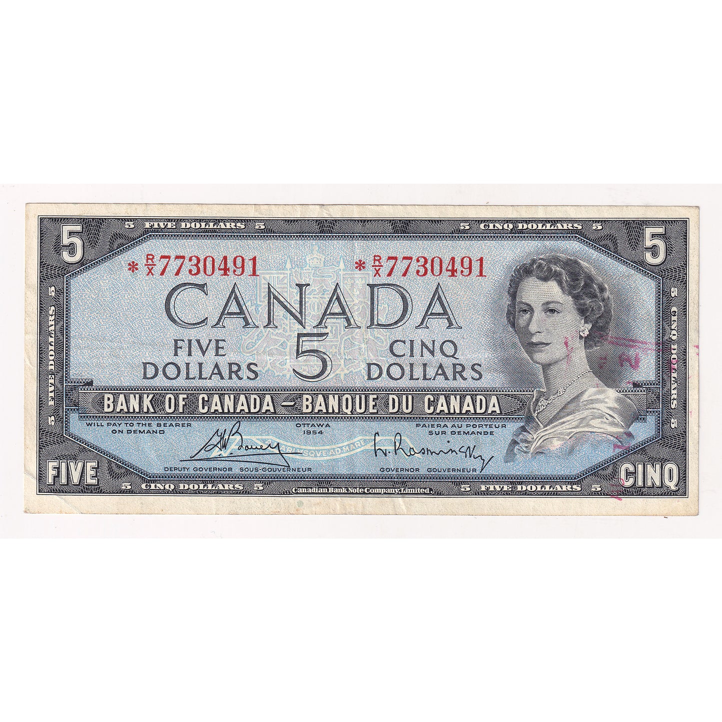 BC-39cA 1954 Canada $5 Bouey-Rasminsky, *R/X Above 7.64M, EF (stamp)