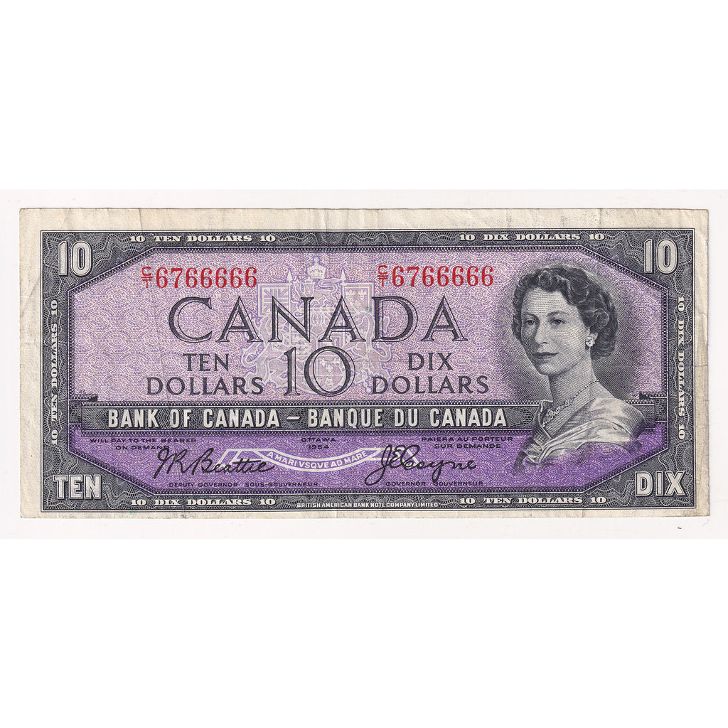 BC-40a 1954 Canada $10 Beattie-Coyne, Neat Number CT6766666, VF