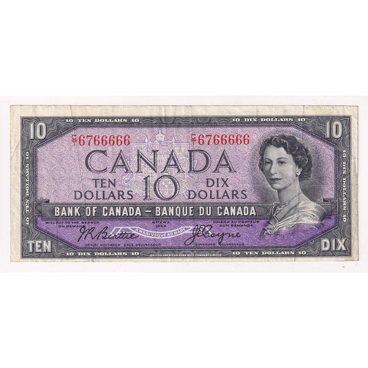 BC-40a 1954 Canada $10 Beattie-Coyne, Neat Number CT6766666, VF