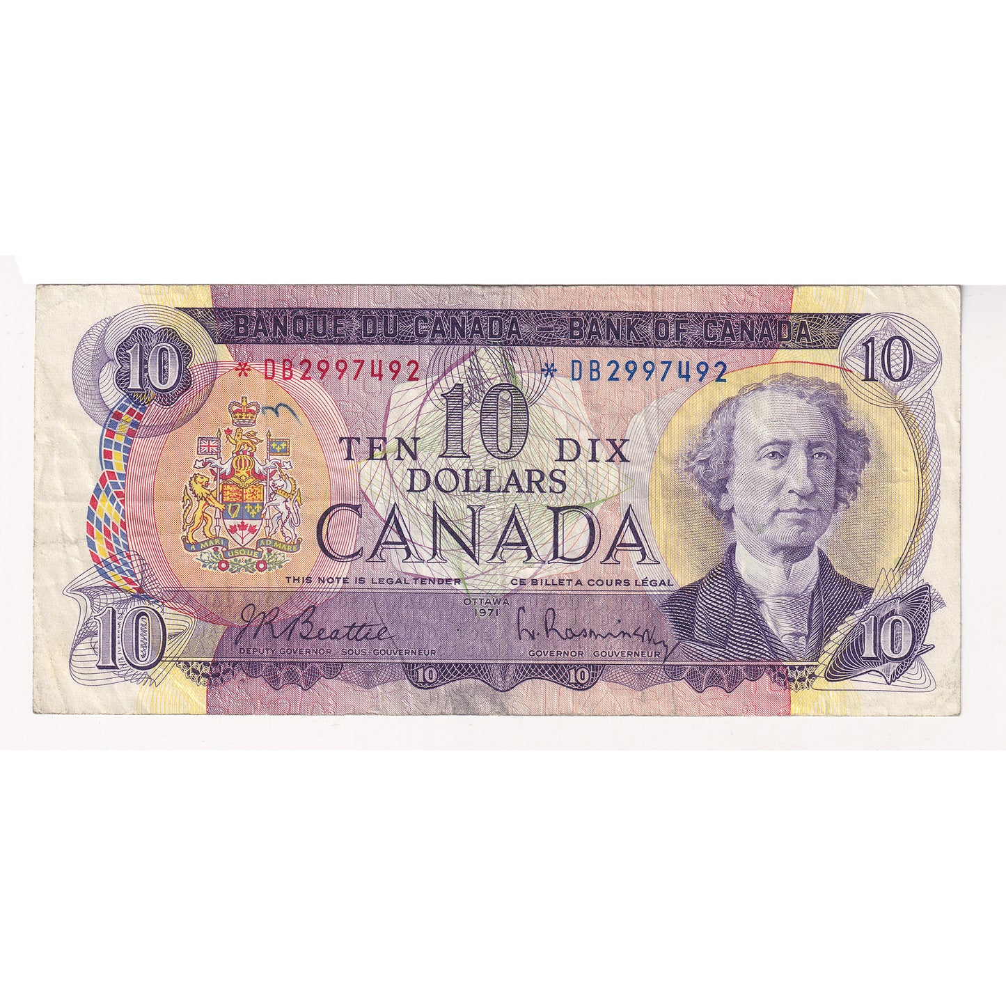 BC-49aA 1971 Canada $10 Beattie-Rasminsky, *DB, F-VF (damaged)
