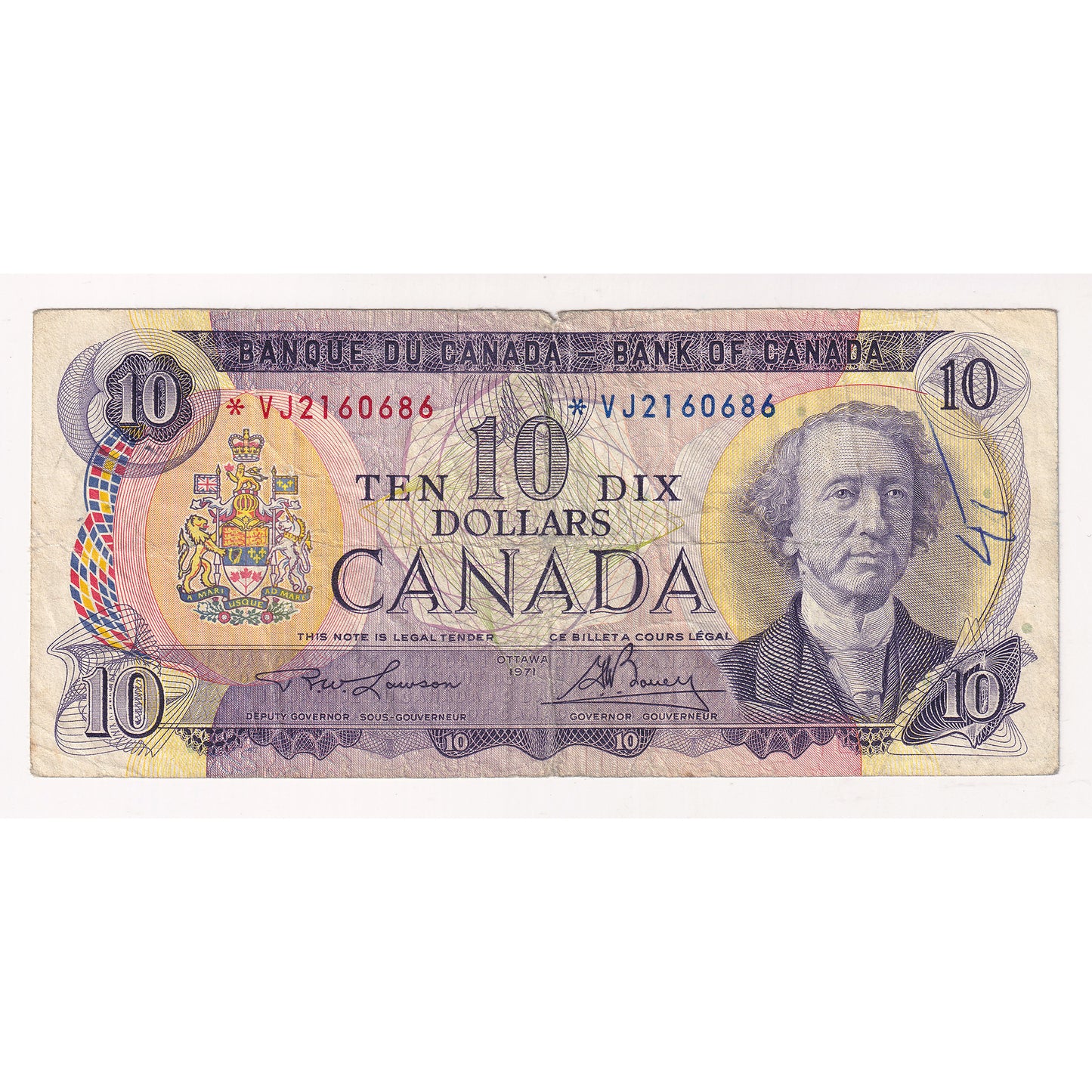BC-49cA 1971 Canada $10 Lawson-Bouey, *VJ, VG-F (writing)