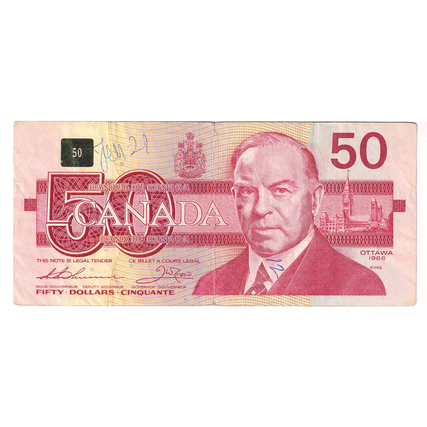 BC-59aA 1988 Canada $50 Thiessen-Crow Replacement, EHX Above 2.1M, Circulated (writing)