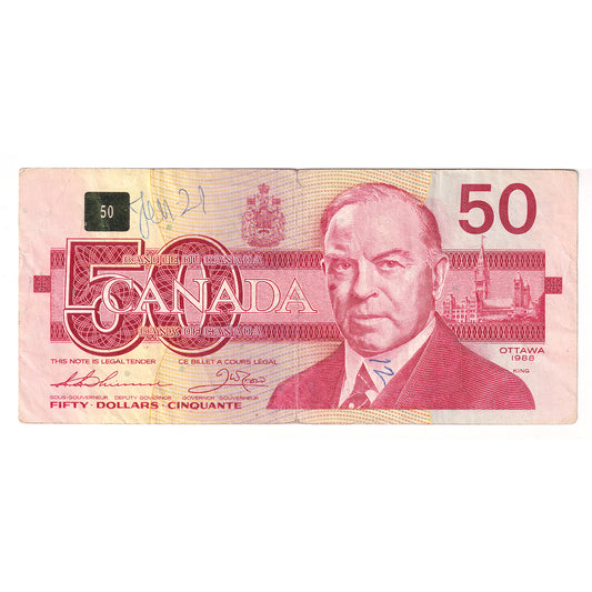 BC-59aA 1988 Canada $50 Thiessen-Crow Replacement, EHX Above 2.1M, Circulated (writing)