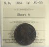 1864 Short 6 New Brunswick 1-cent ICCS Certified AU55
