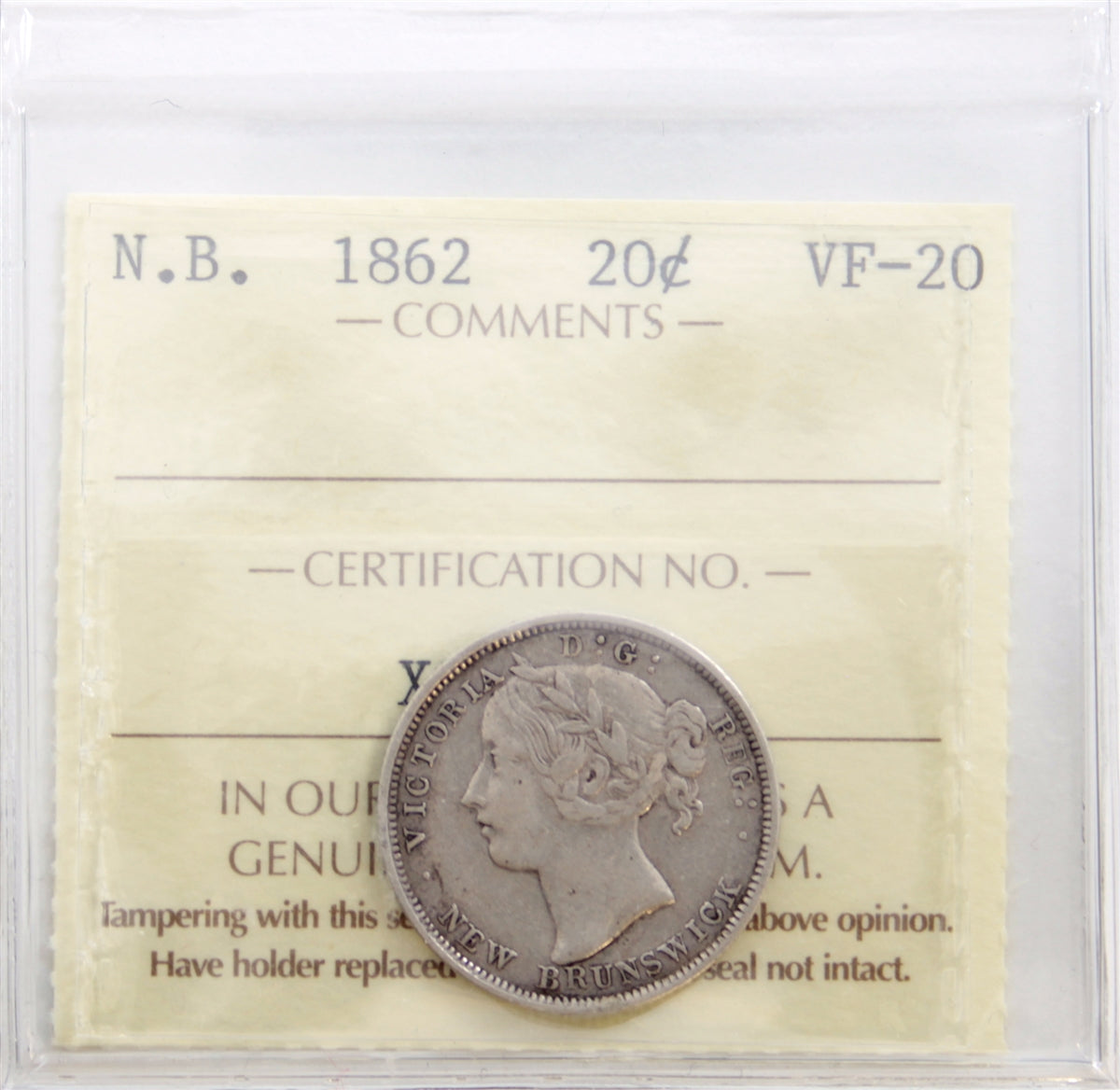 1862 New Brunswick 20-cents ICCS Certified VF20