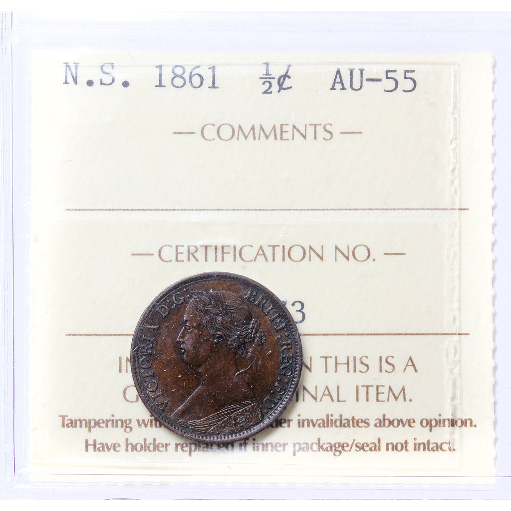 1861 Nova Scotia 1/2 Cent ICCS Certified AU55