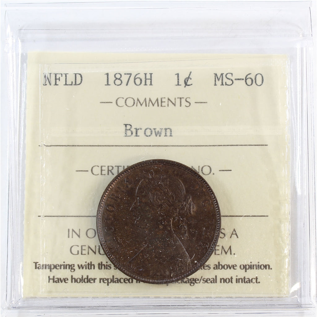 1876H Newfoundland 1-cent ICCS Certified MS60 Brown