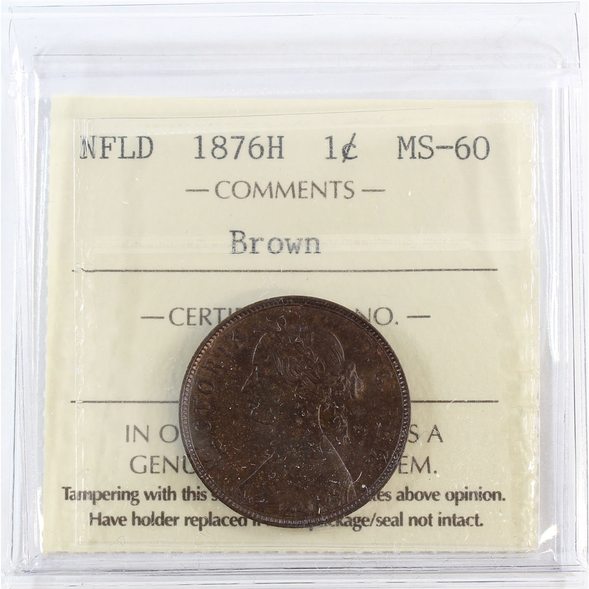 1876H Newfoundland 1-cent ICCS Certified MS60 Brown