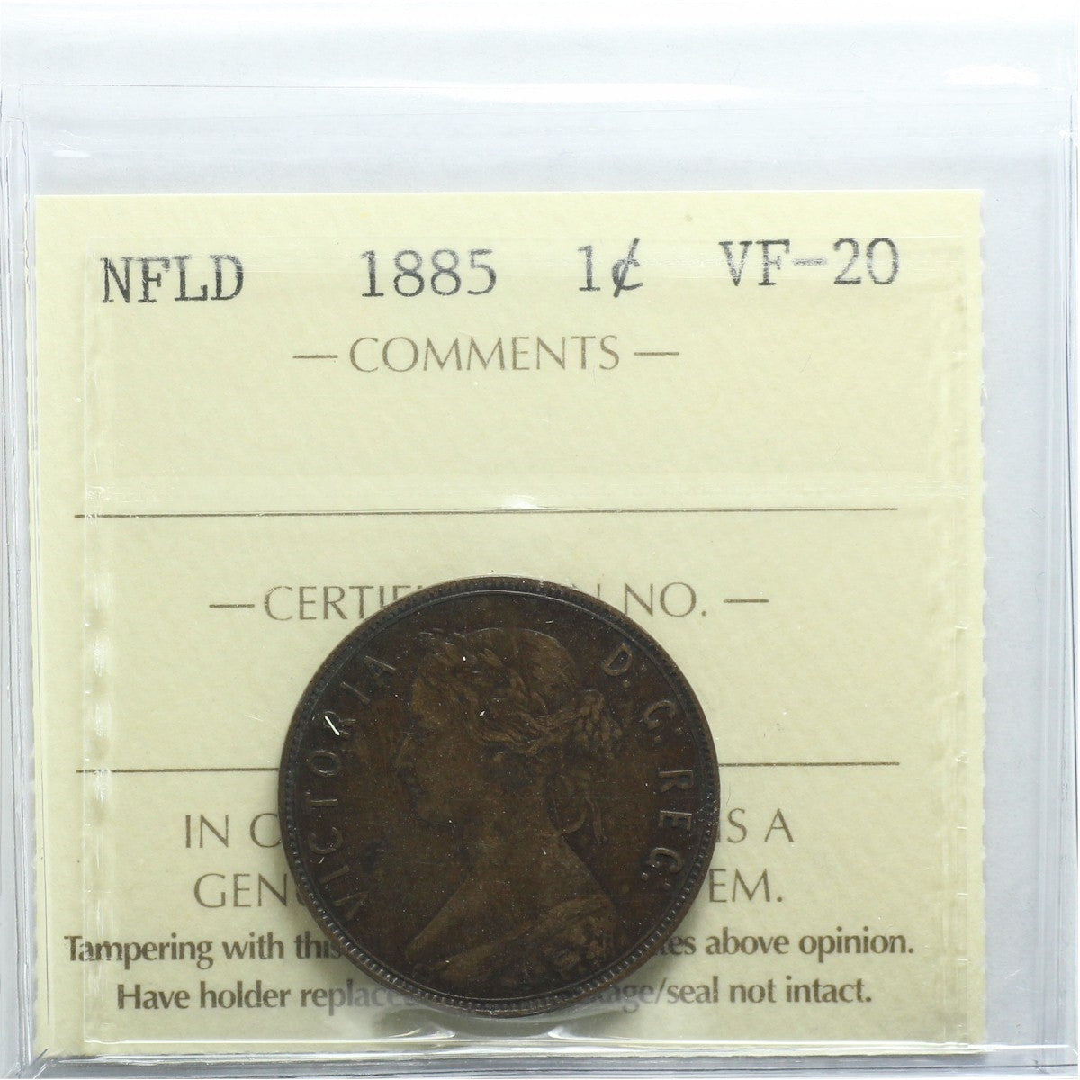 1885 Newfoundland 1-cent ICCS Certified VF20