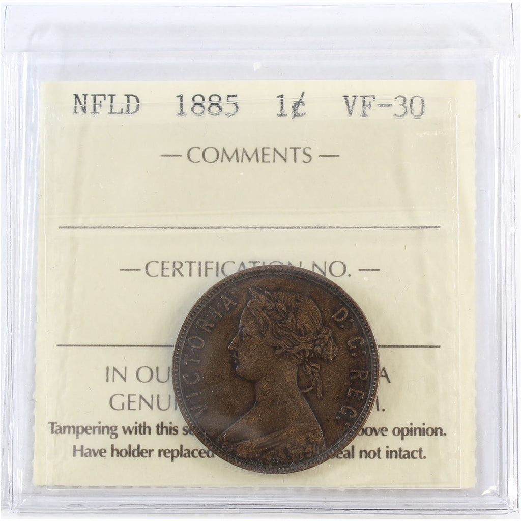 1885 Newfoundland 1-cent ICCS Certified VF30