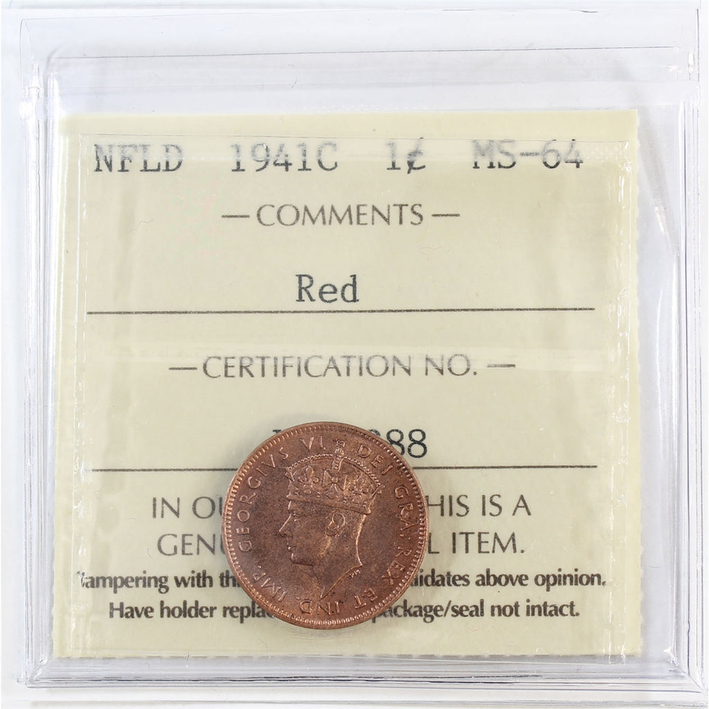 1941C Newfoundland 1-cent ICCS Certified MS64 Red (XCE 830)