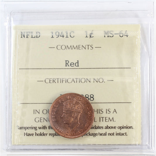 1941C Newfoundland 1-cent ICCS Certified MS64 Red (XCE 830)