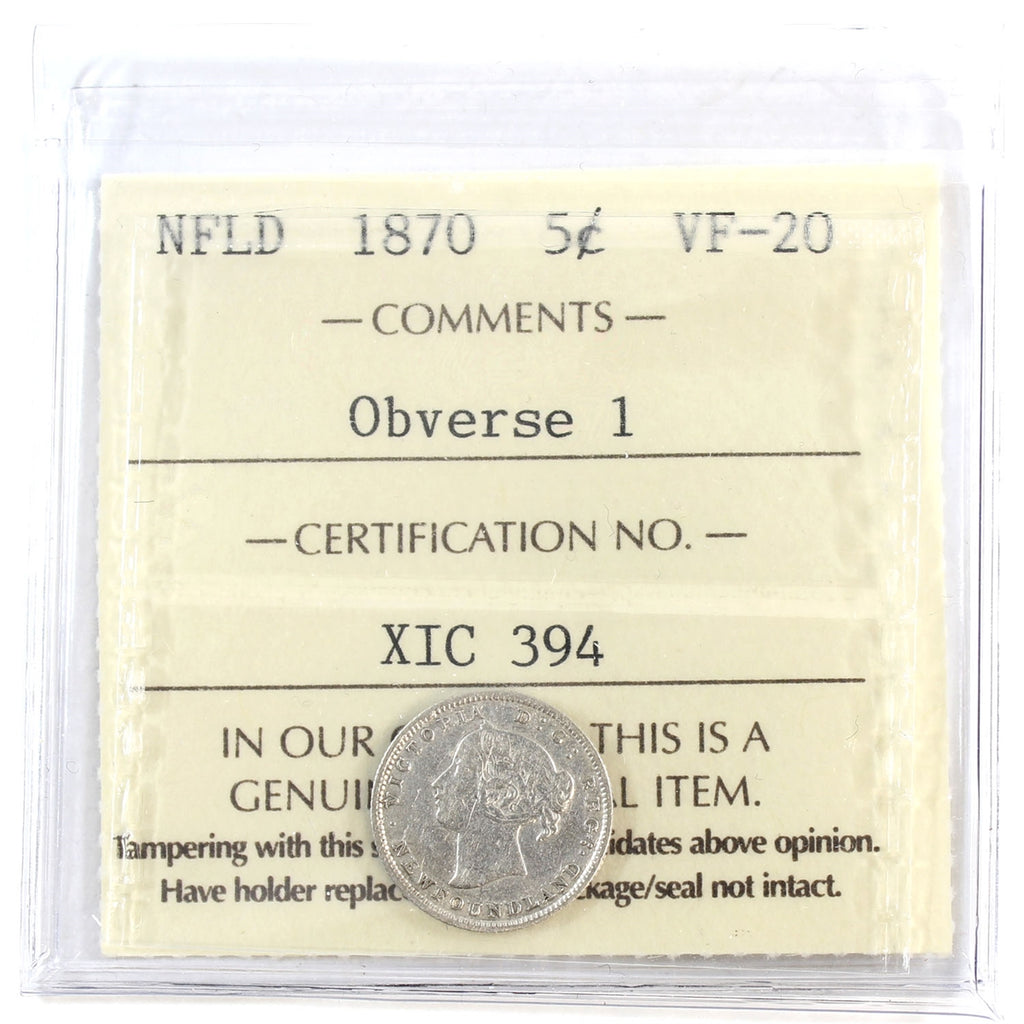 1870 Obv. 1 Newfoundland 5-cents ICCS Certified VF20