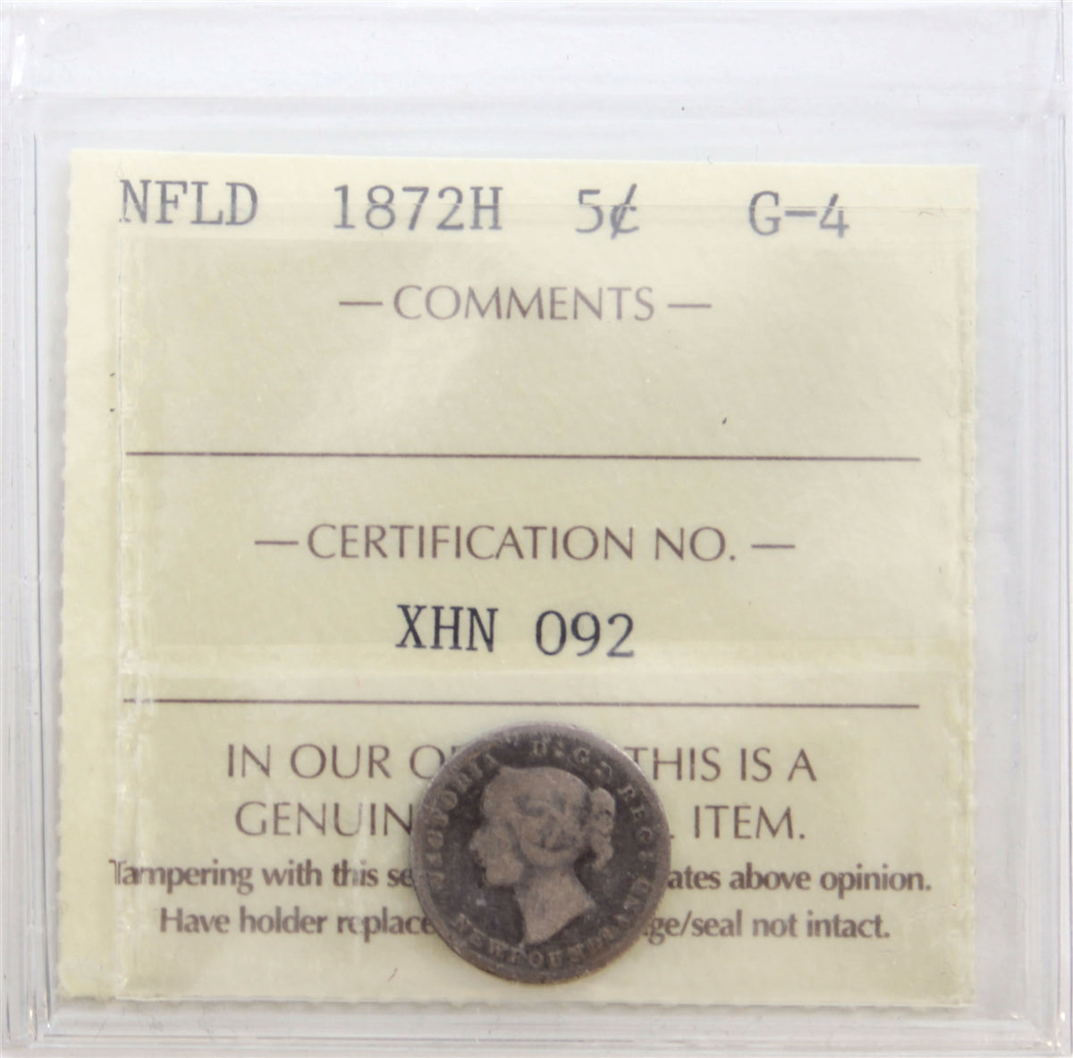 1872H Newfoundland 5-cents ICCS Certified G4