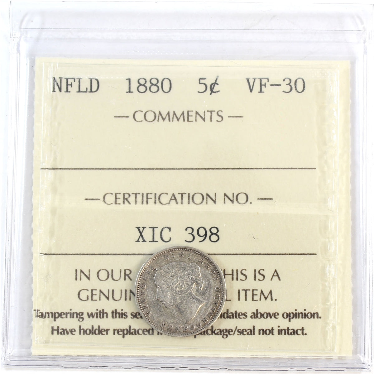 1880 Newfoundland 5-cents ICCS Certified VF30