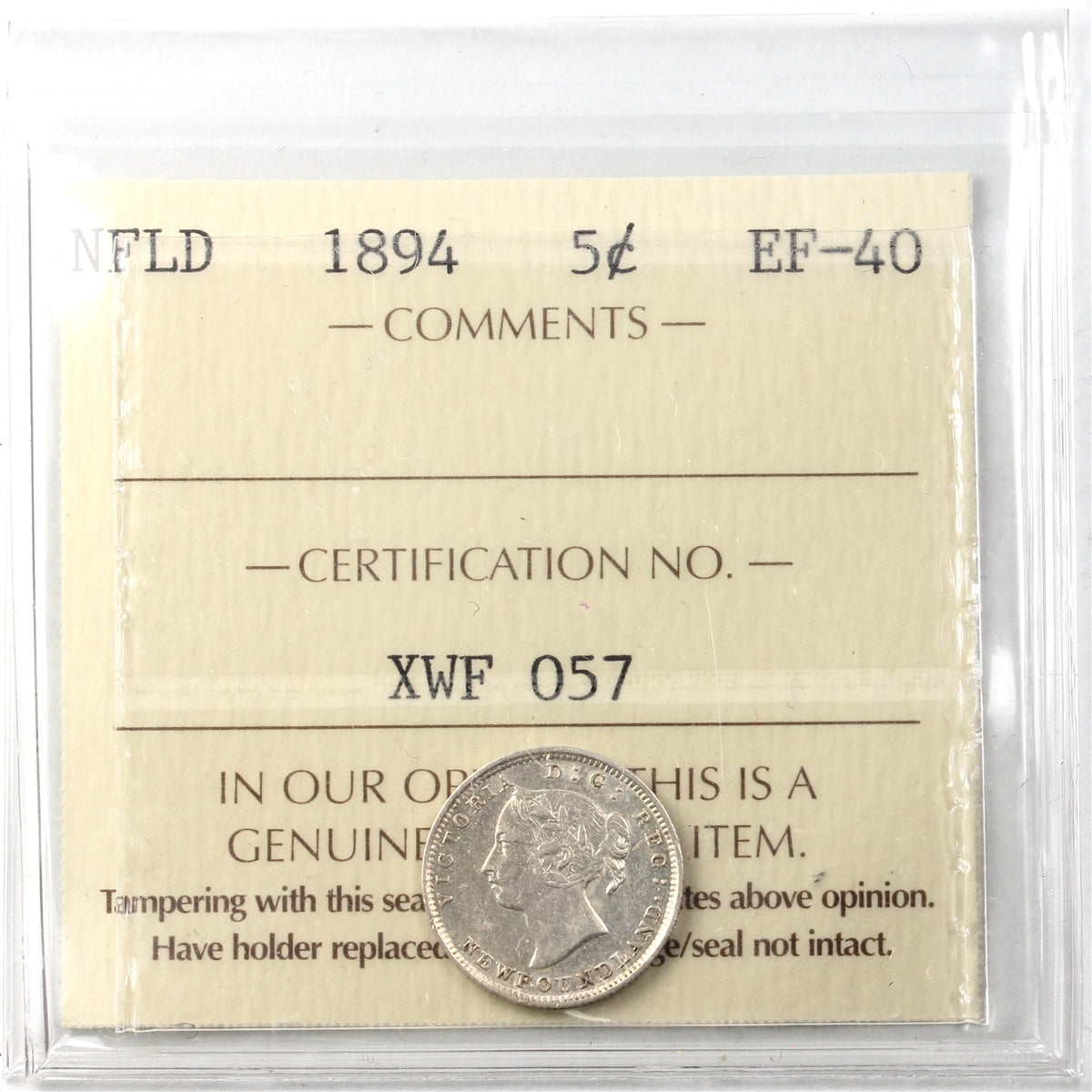 1894 Newfoundland 5-cents ICCS Certified EF40