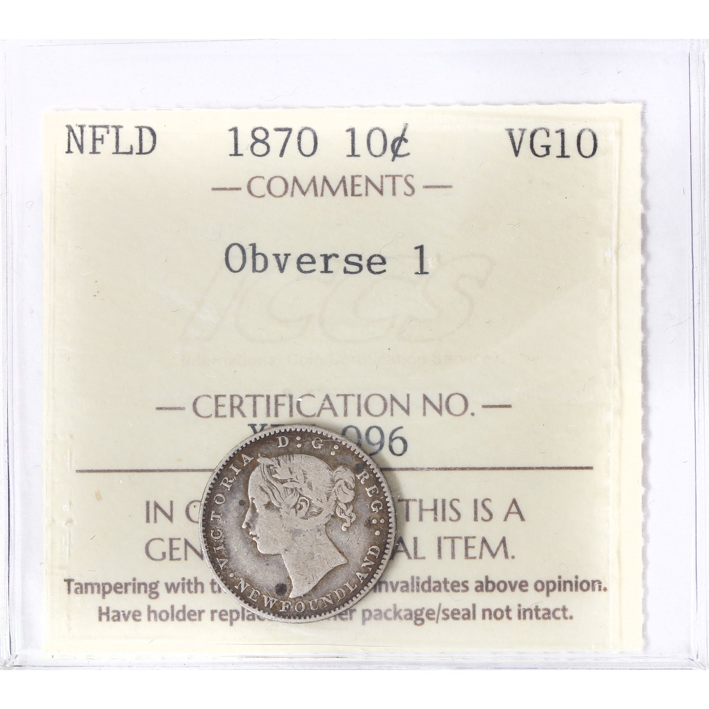 1870 Newfoundland 10-cents ICCS Certified VG10