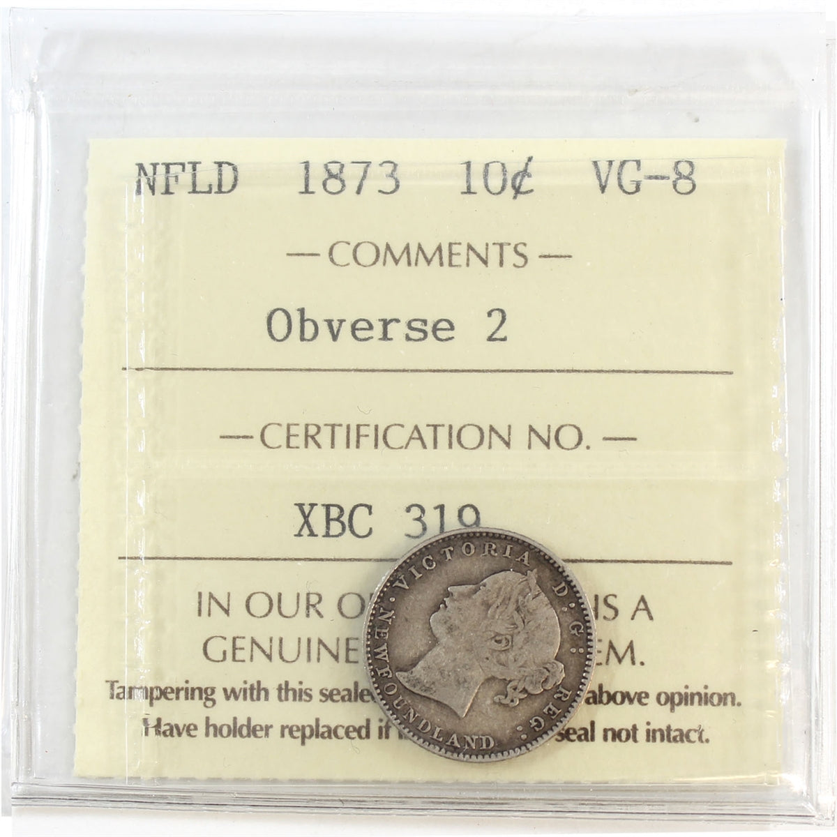 1873 Obv. 2 Newfoundland 10-cents ICCS Certified VG8
