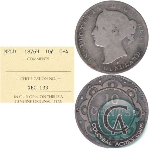 1876H Newfoundland 10-cents ICCS Certified G4