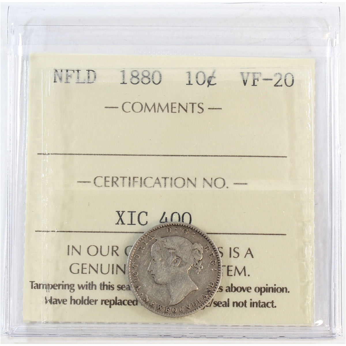 1880 Newfoundland 10-cents ICCS Certified VF20