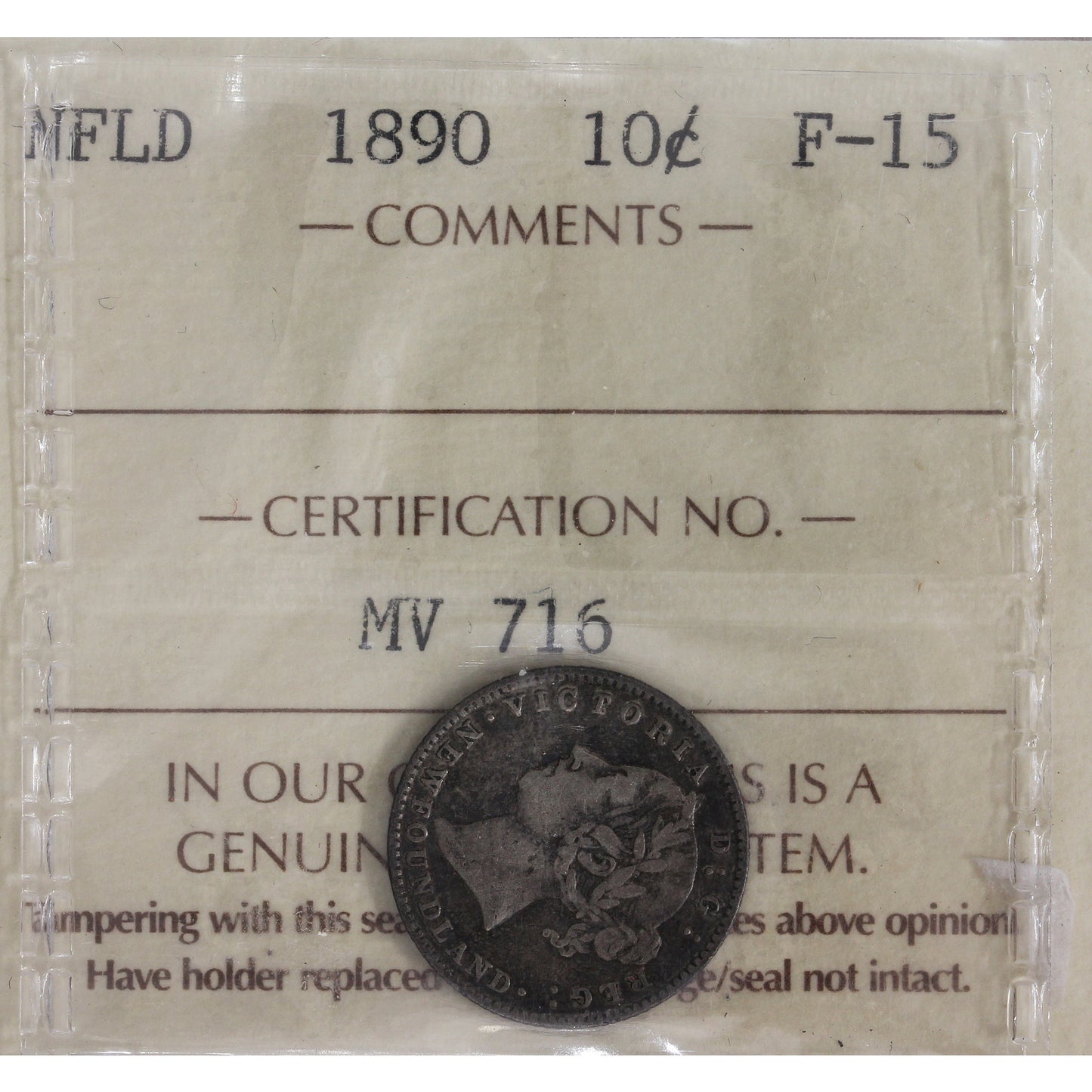 1890 Newfoundland 10-cents ICCS Certified F15