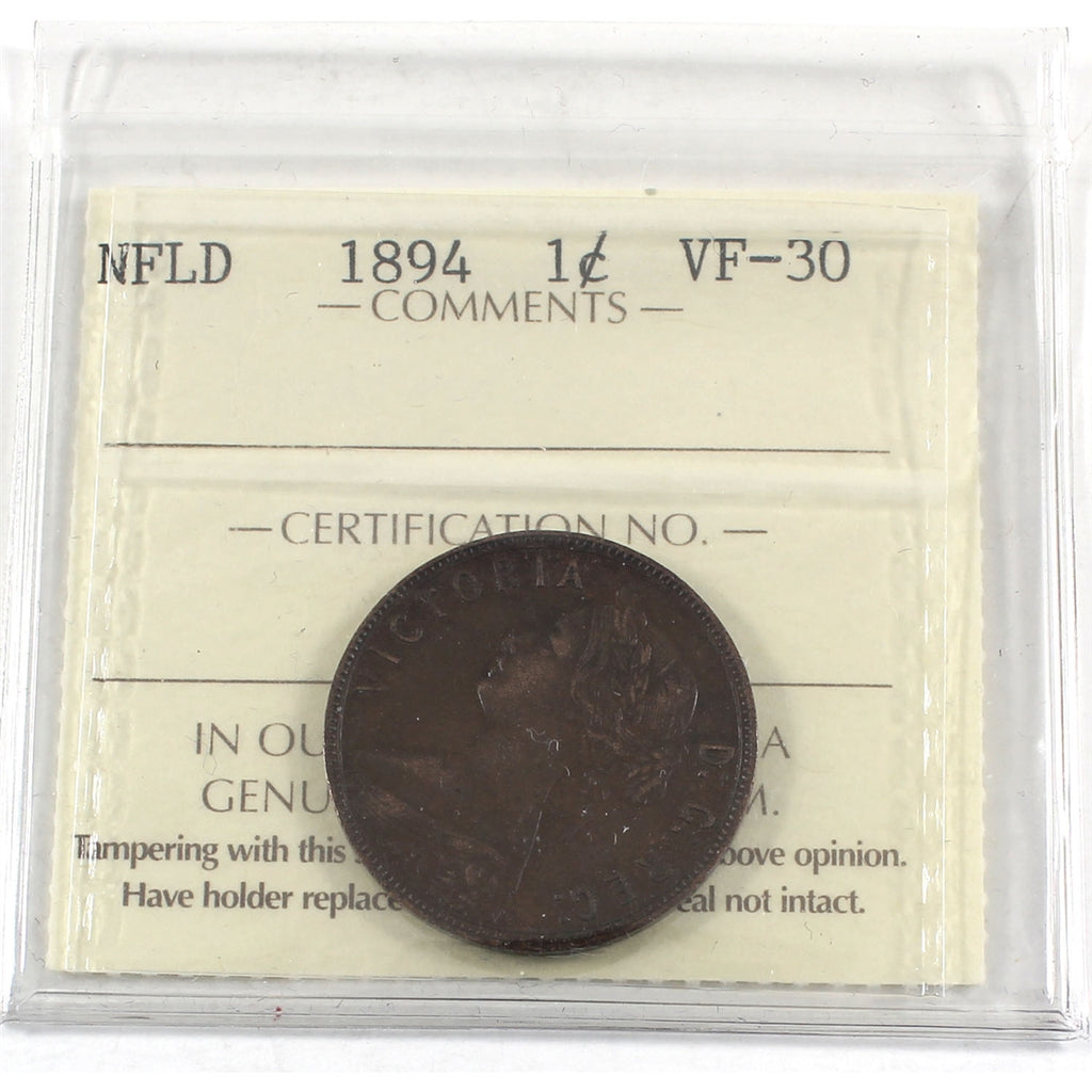 1894 Newfoundland 1-cents ICCS Certified VF30