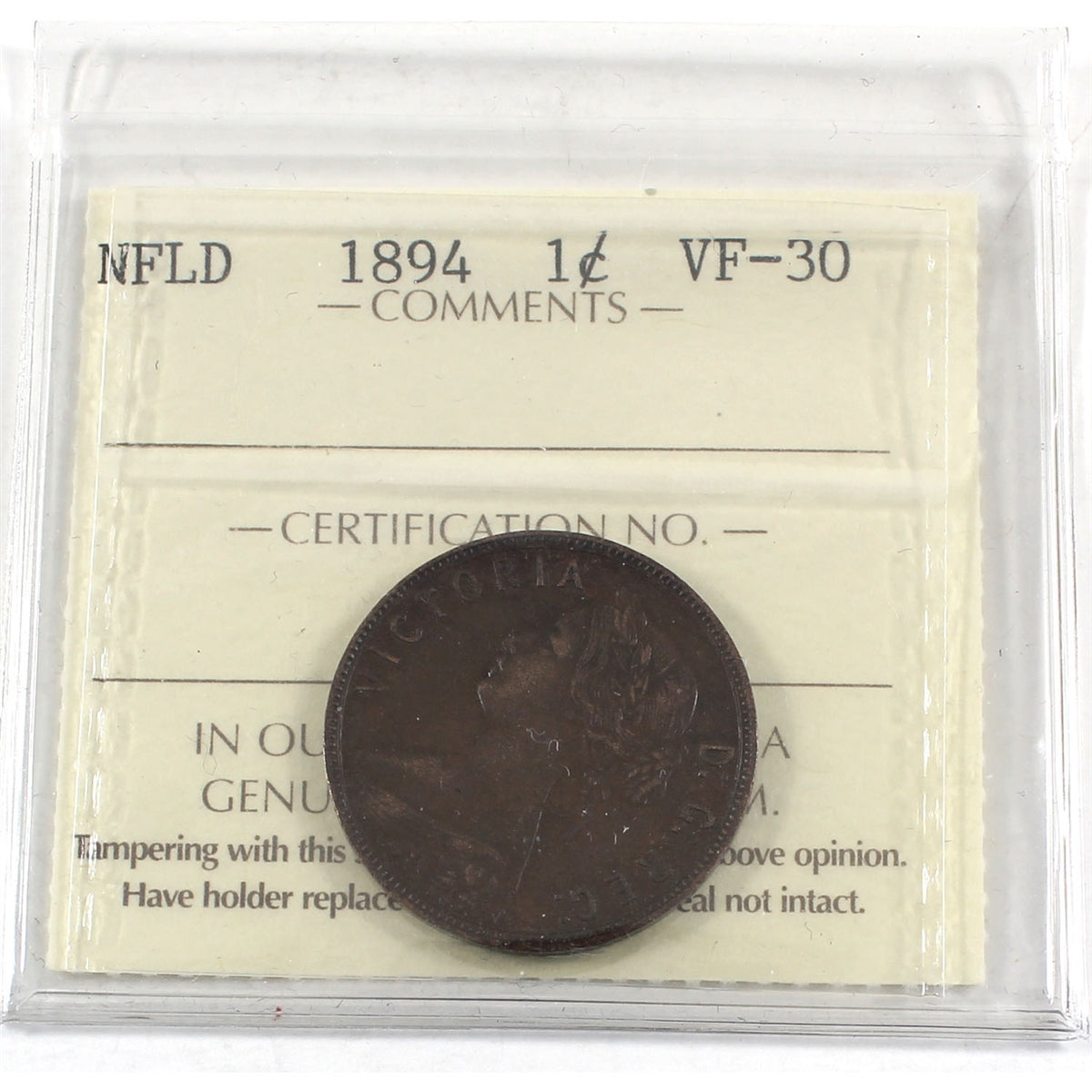 1894 Newfoundland 1-cents ICCS Certified VF30