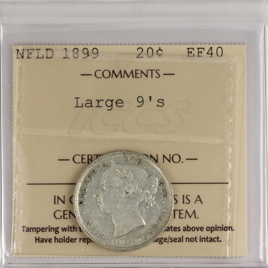 1899 Large 9's Newfoundland 20-cents ICCS Certified EF-40