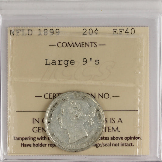1899 Large 9's Newfoundland 20-cents ICCS Certified EF-40