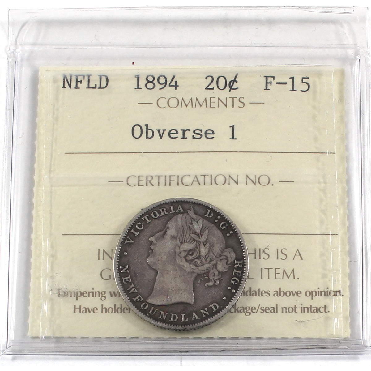 1894 Obv. 1 Newfoundland 20-cents ICCS Certified F15