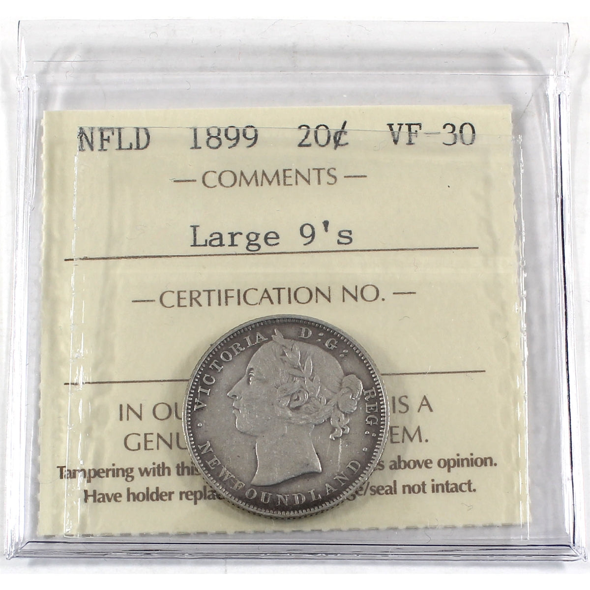 1899 Large 9's Newfoundland 20-cents ICCS Certified VF-30