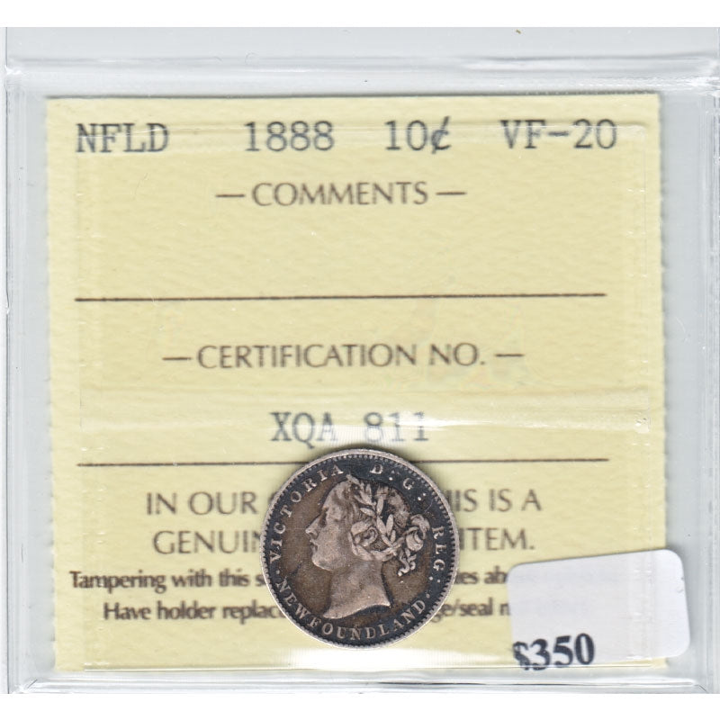1888 Newfoundland 10-cents ICCS Certified VF20