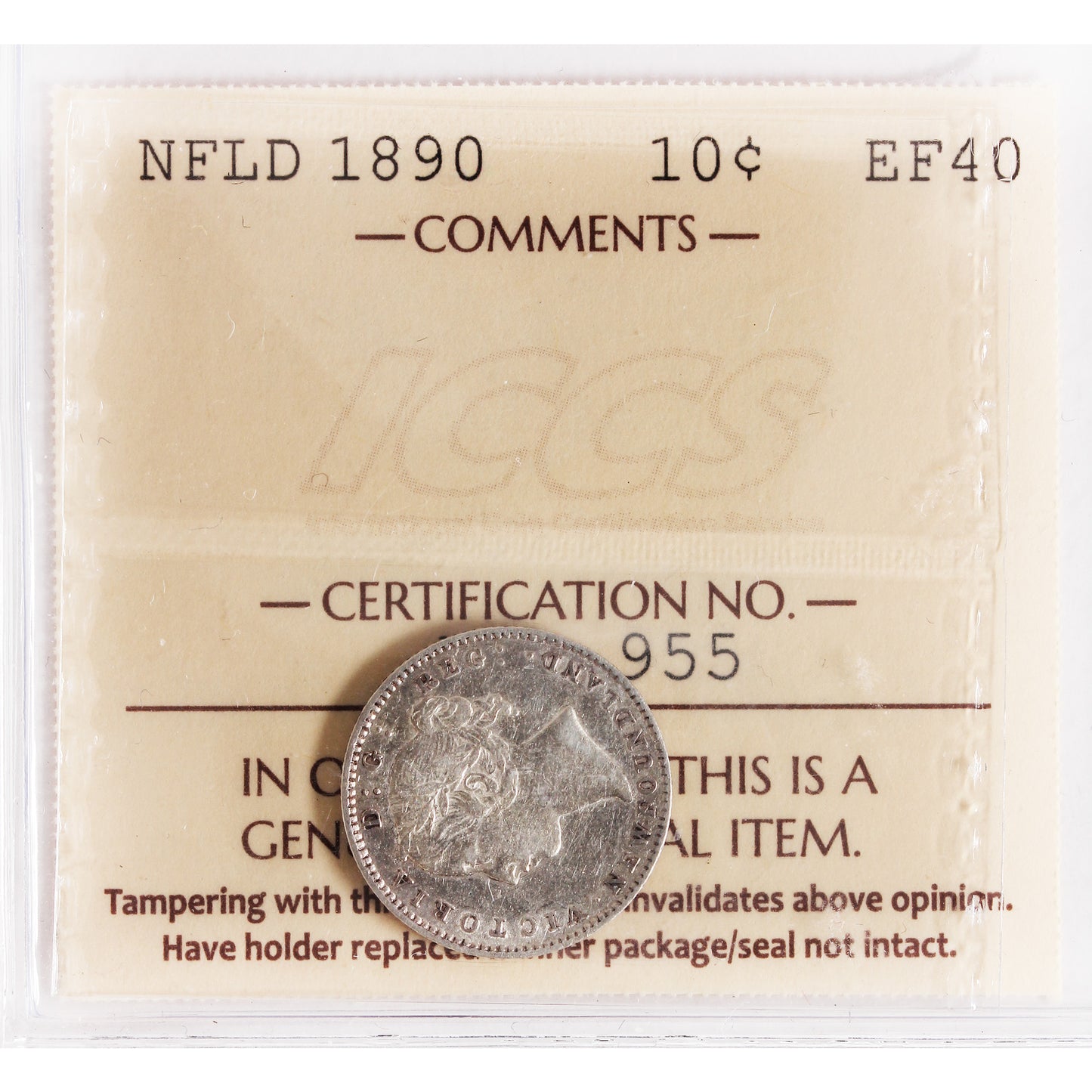 1890 Newfoundland 10-cents ICCS Certified EF-40