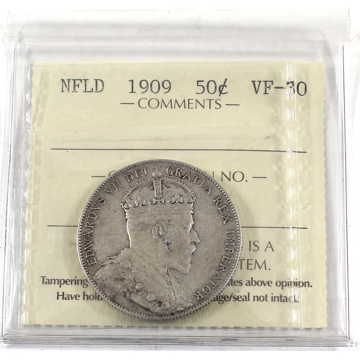 1909 Newfoundland 50-cents ICCS Certified VF30