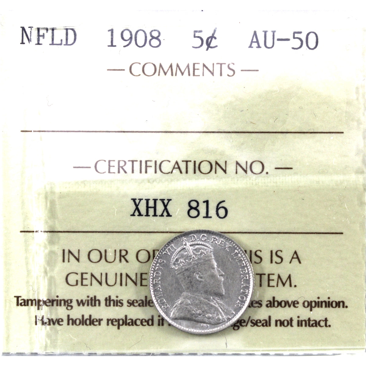 1908 Newfoundland 5-cents ICCS Certified AU50
