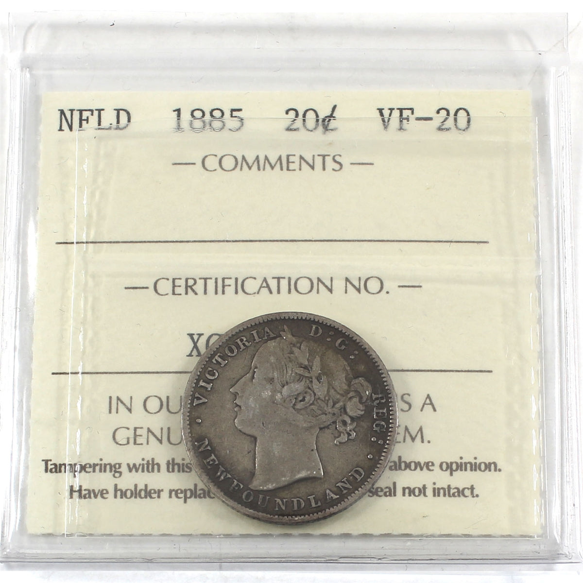 1885 Newfoundland 20-cent ICCS Certified VF20