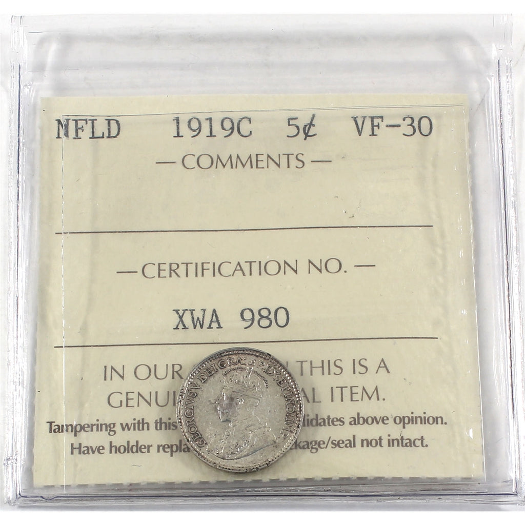 1919C Newfoundland 5-cents ICCS Certified VF30