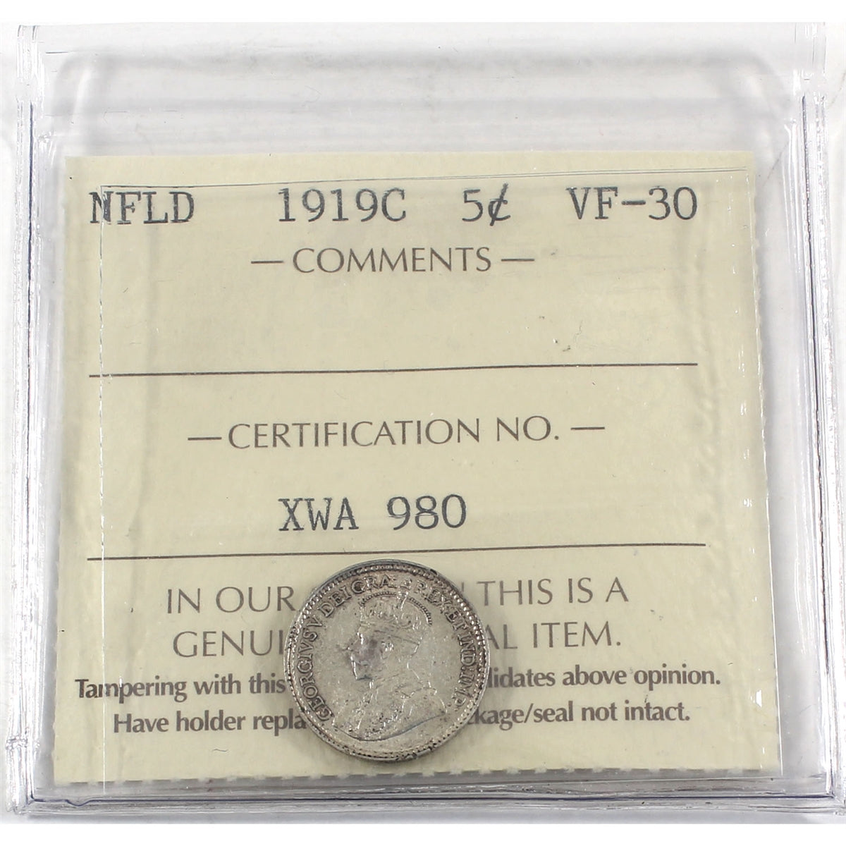 1919C Newfoundland 5-cents ICCS Certified VF30