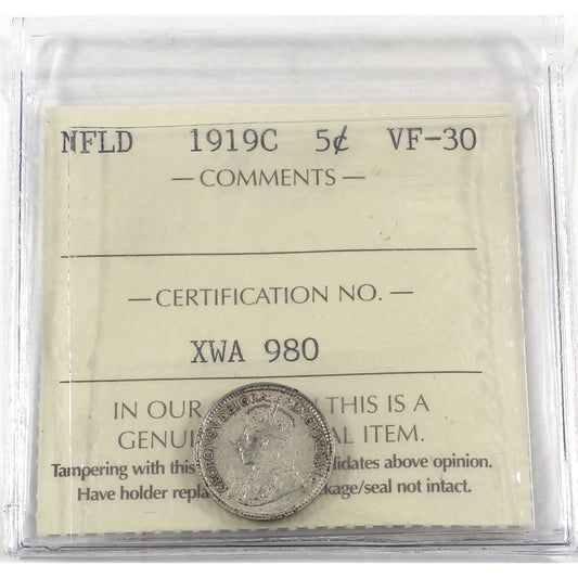 1919C Newfoundland 5-cents ICCS Certified VF30