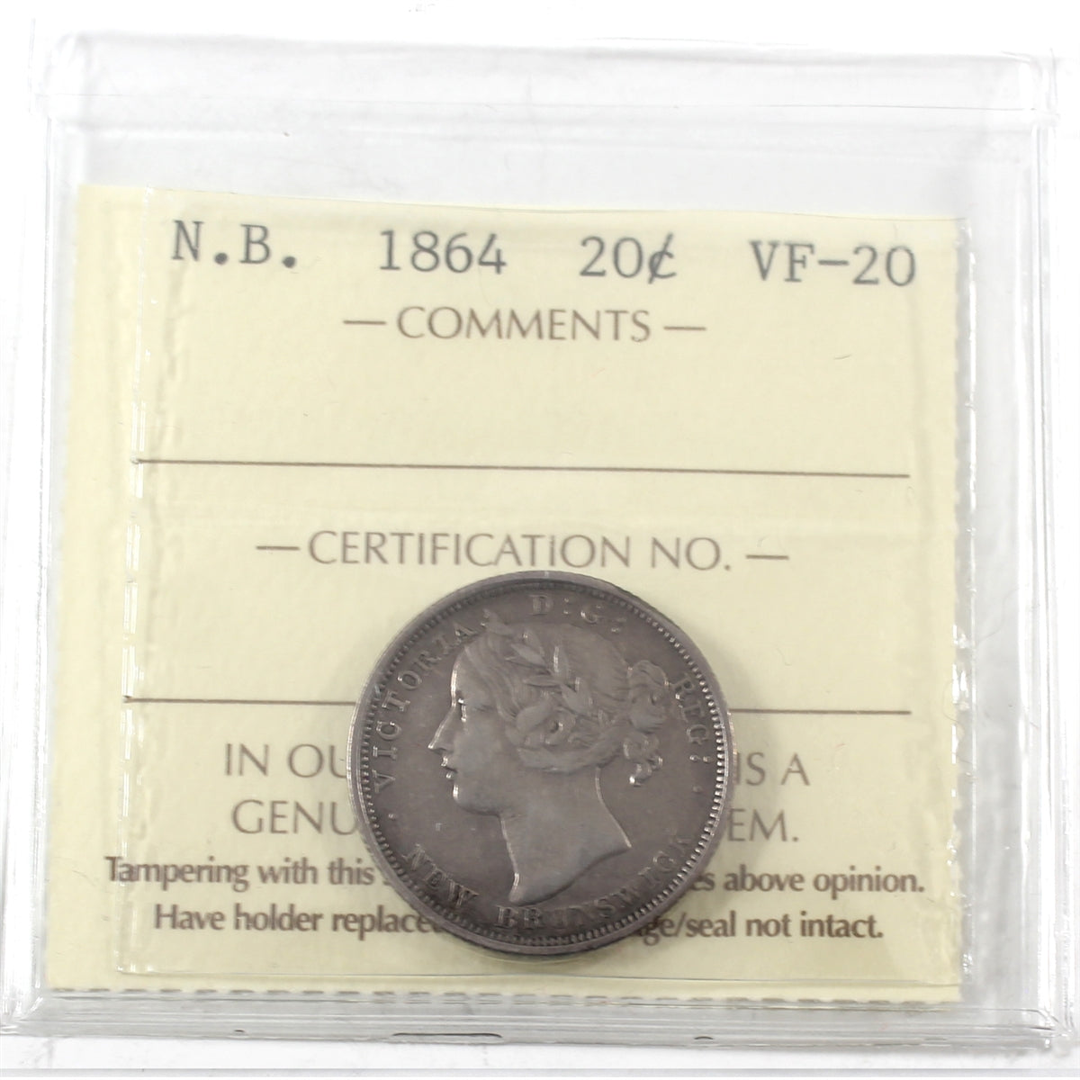 1864 New Brunswick 20-cents ICCS Certified VF20