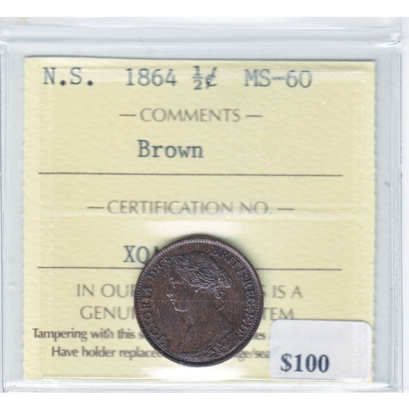 1864 Nova Scotia 1/2 cent ICCS Certified MS60 Brown