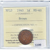 1940 Newfoundland 1-cent ICCS Certified MS60 Brown