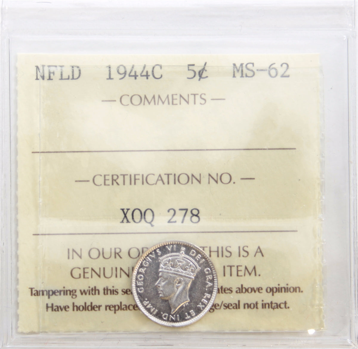 1944C Newfoundland 5-cents ICCS Certified MS62