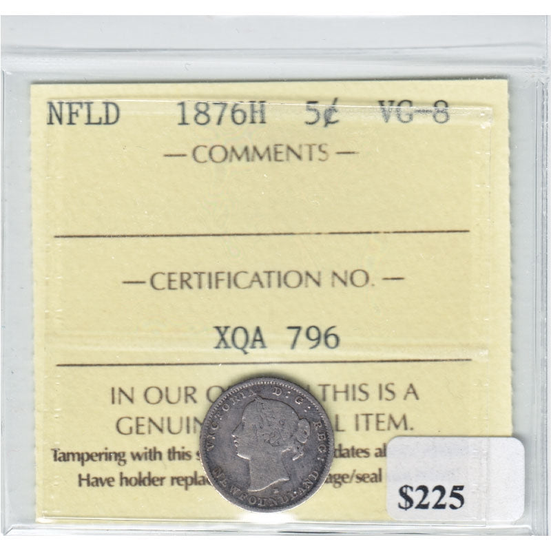 1876H Newfoundland 5-cent ICCS Certified VG8