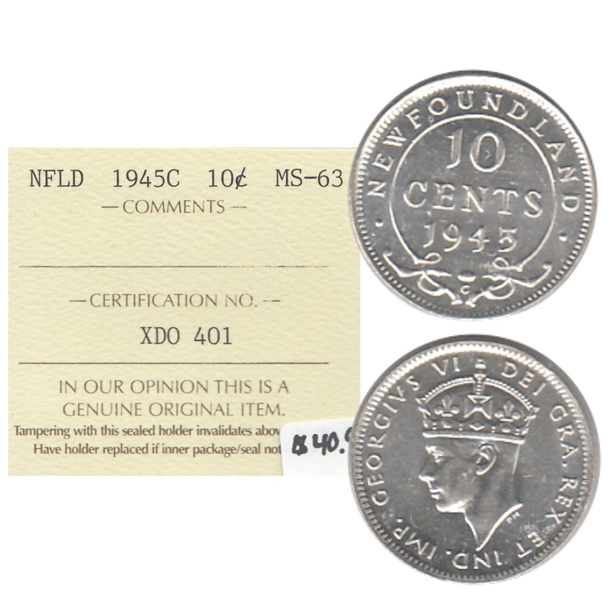 1945C Newfoundland 10-cent ICCS Certified MS63