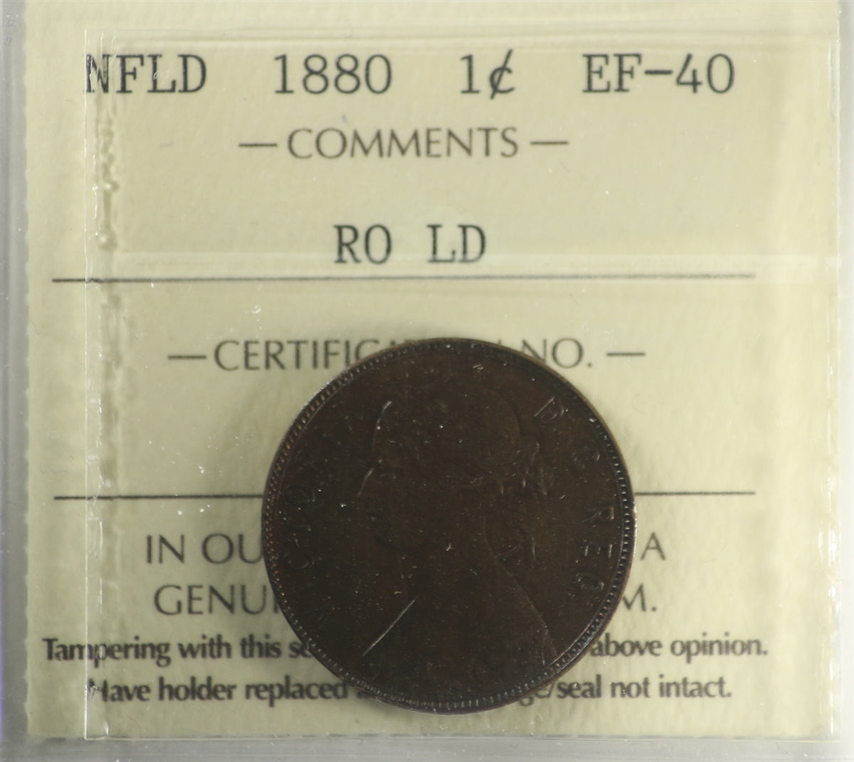1880 RO LD Newfoundland 1-cent ICCS Certified EF40