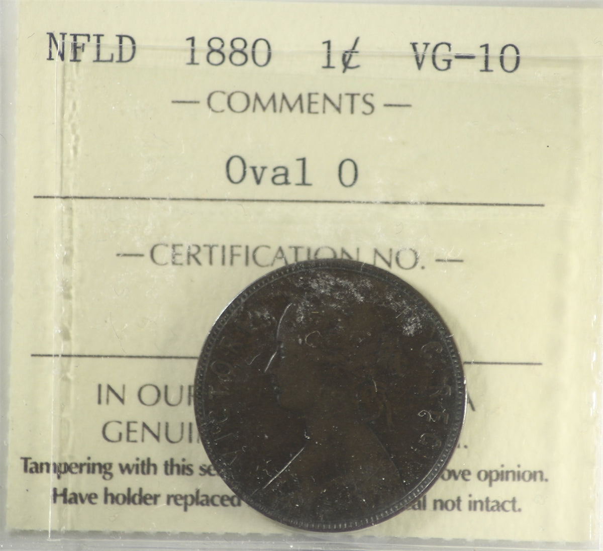 1880 Oval 0 Newfoundland 1-cent ICCS Certified VG10