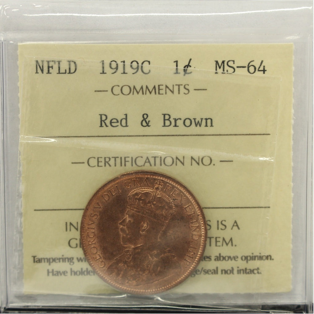 1919C Newfoundland 1-cent ICCS Certified MS64 Red & Brown (XQL 170)