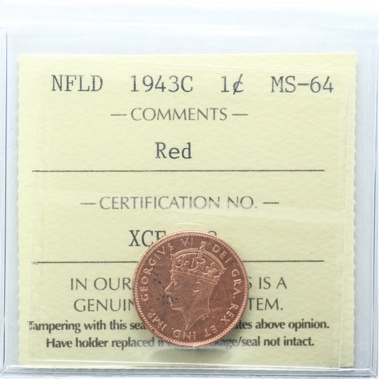 1943C Newfoundland 1-cent ICCSCertified MS-64 Red (XCE 838)
